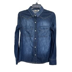 Y2K Mudd Denim Pearl Snap Long Sleeve Top Size Small Western Rodeo Chambray
